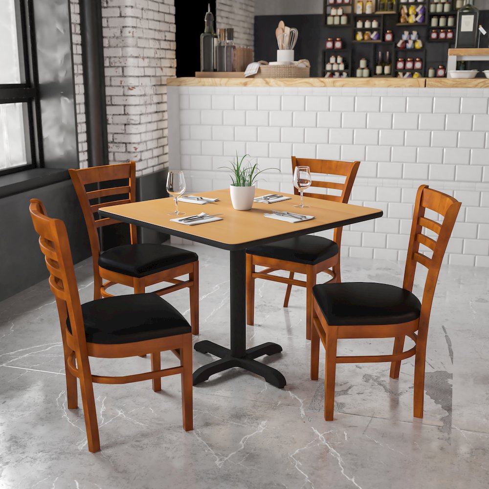 Ladder Back Cherry Wood Restaurant Chair – Black Vinyl Seat