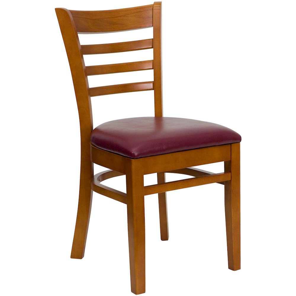 Ladder Back Cherry Wood Restaurant Chair – Burgundy Vinyl Seat