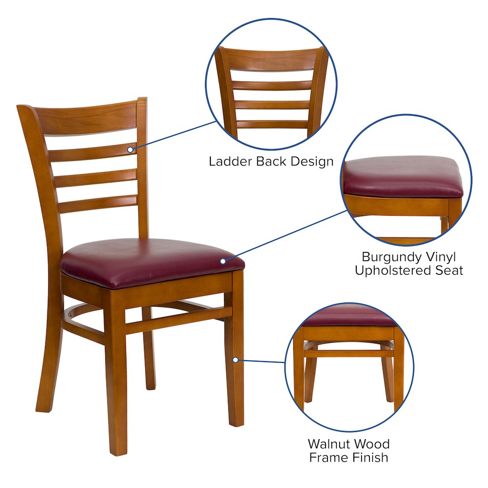 Ladder Back Cherry Wood Restaurant Chair – Burgundy Vinyl Seat