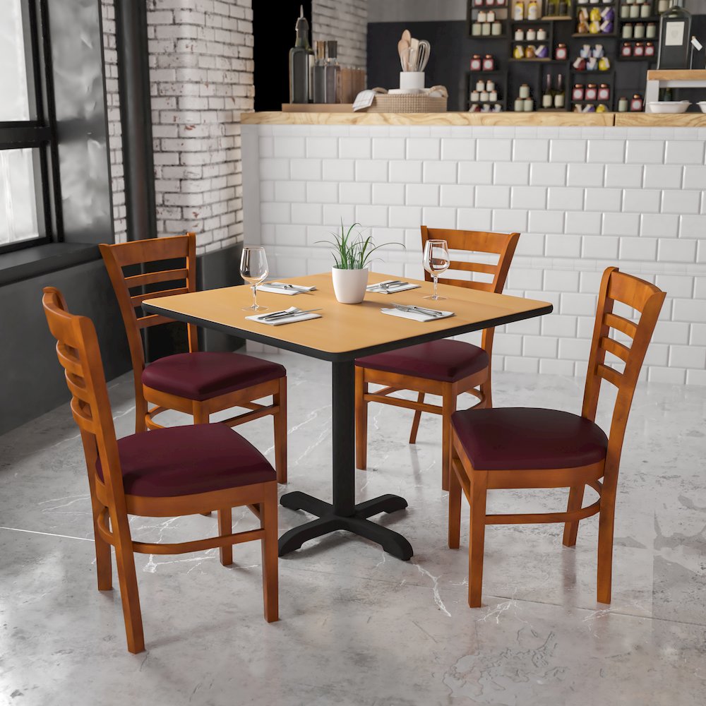 Ladder Back Cherry Wood Restaurant Chair – Burgundy Vinyl Seat