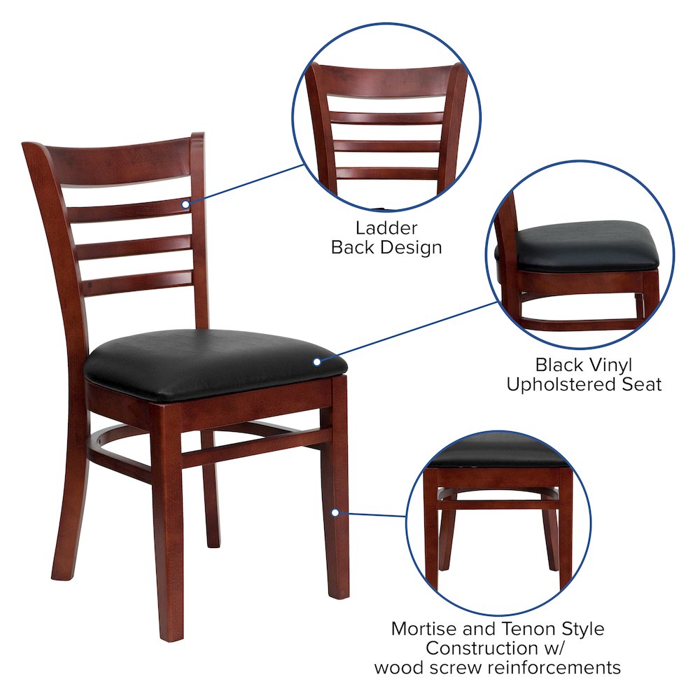 Ladder Back Mahogany Wood Restaurant Chair – Black Vinyl Seat