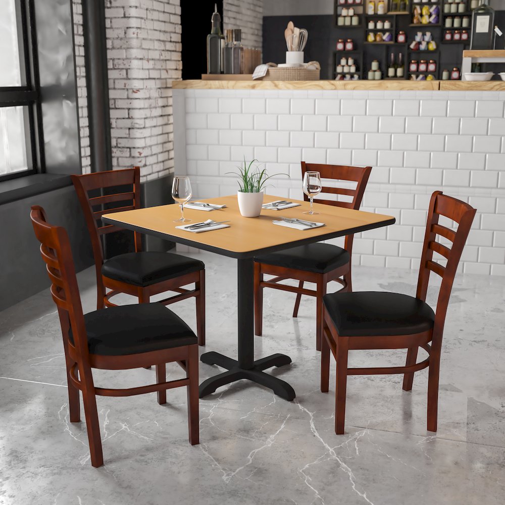 Ladder Back Mahogany Wood Restaurant Chair – Black Vinyl Seat