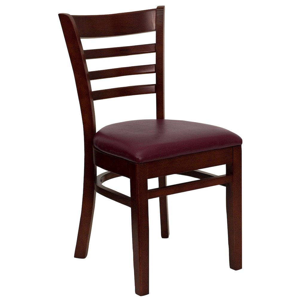 Ladder Back Mahogany Wood Restaurant Chair – Burgundy Vinyl Seat