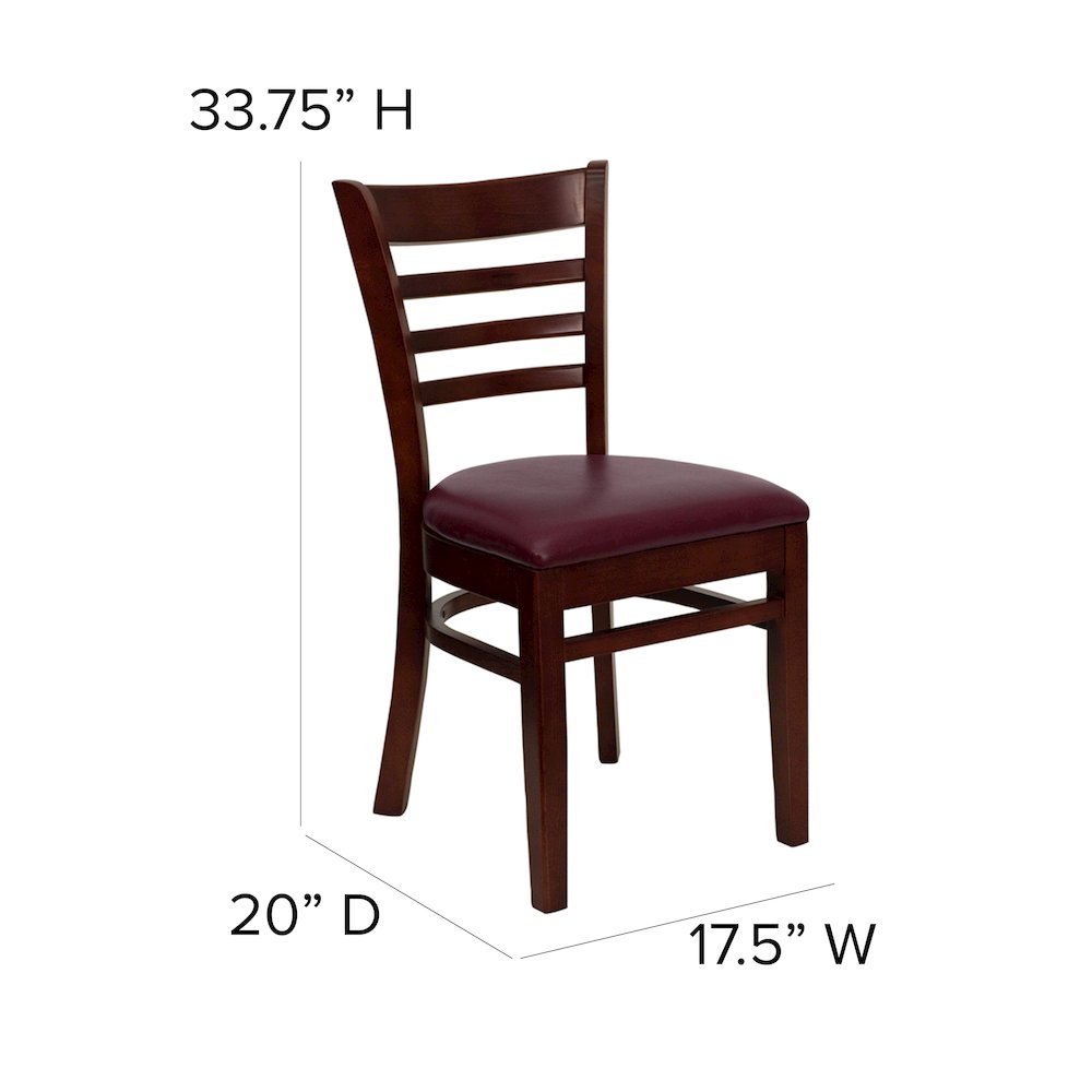 Ladder Back Mahogany Wood Restaurant Chair – Burgundy Vinyl Seat