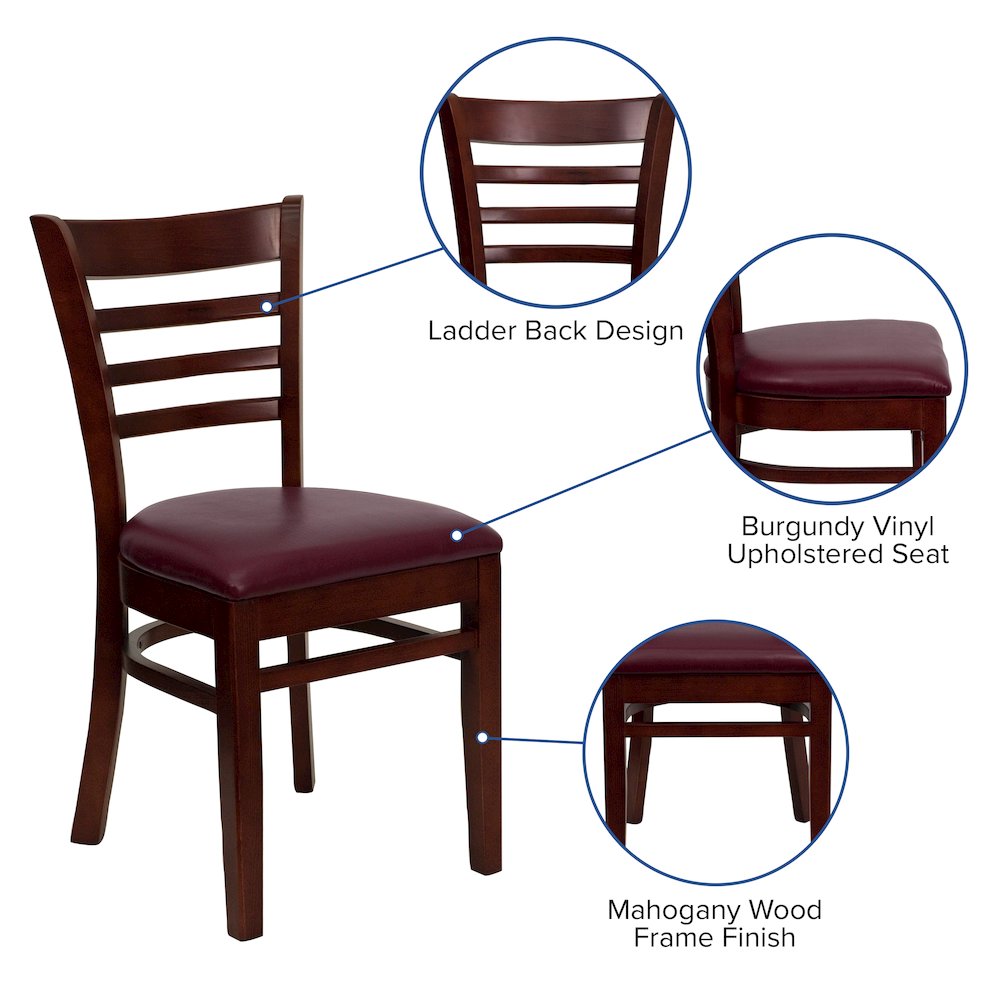 Ladder Back Mahogany Wood Restaurant Chair – Burgundy Vinyl Seat