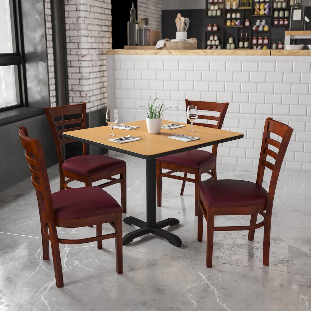 Ladder Back Mahogany Wood Restaurant Chair – Burgundy Vinyl Seat