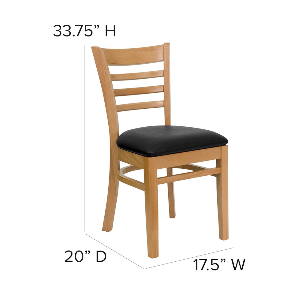 Ladder Back Natural Wood Restaurant Chair – Black Vinyl Seat