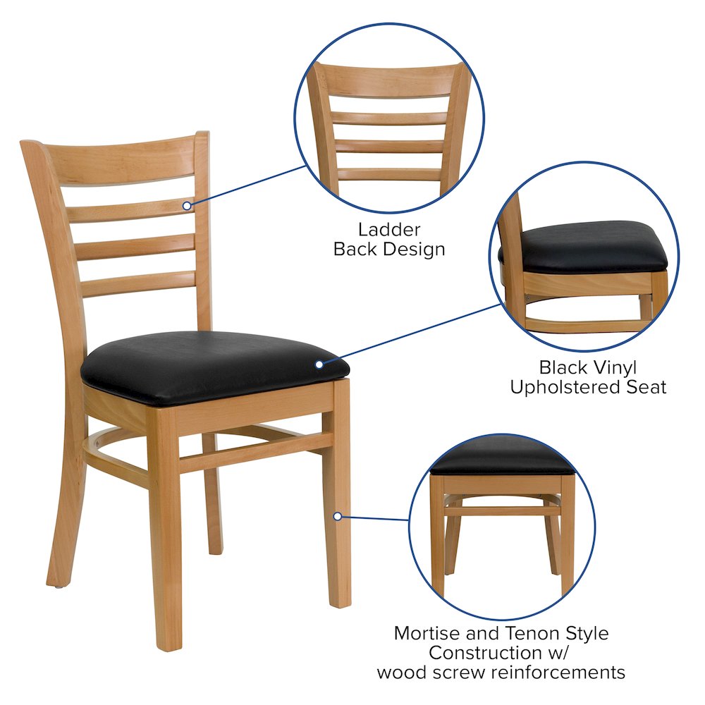 Ladder Back Natural Wood Restaurant Chair – Black Vinyl Seat