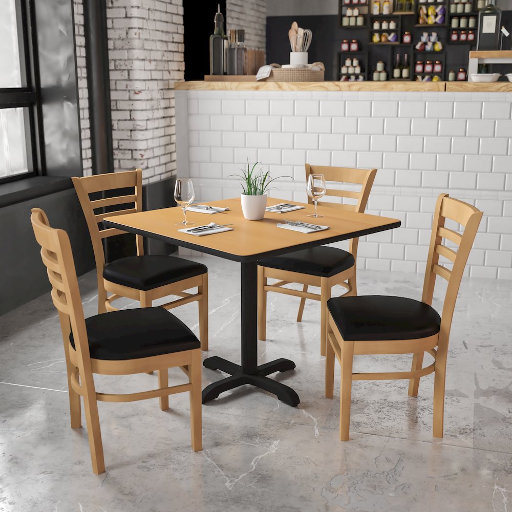 Ladder Back Natural Wood Restaurant Chair – Black Vinyl Seat