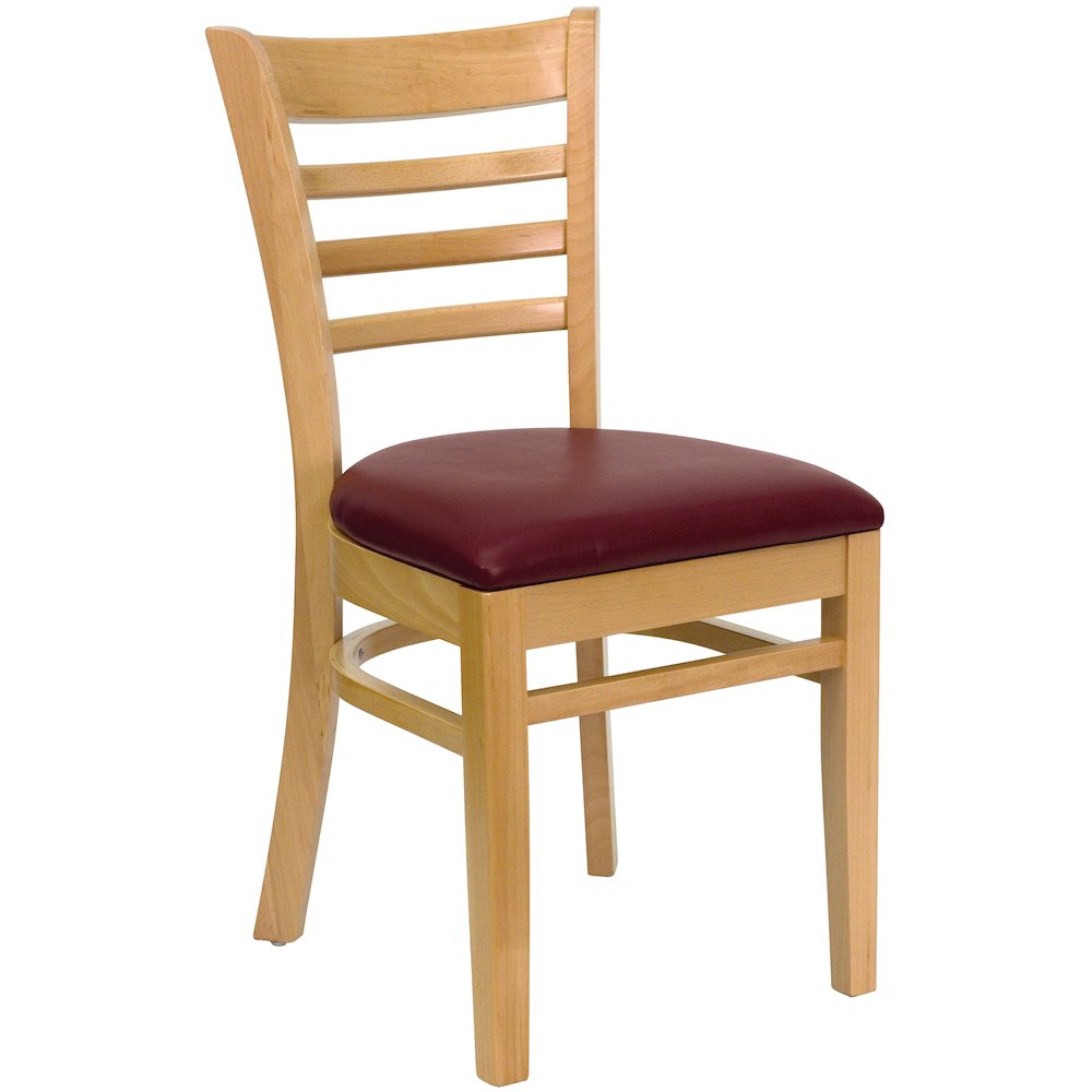 Ladder Back Natural Wood Restaurant Chair – Burgundy Vinyl Seat