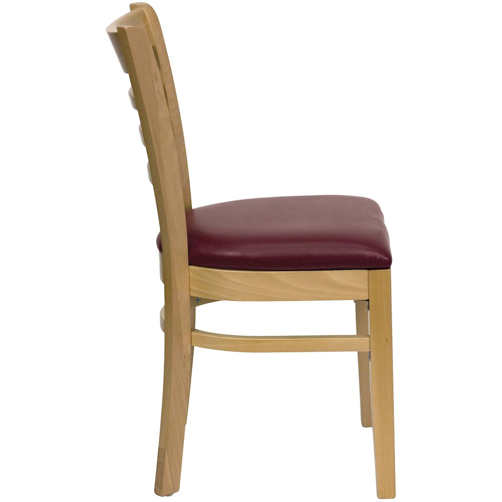 Ladder Back Natural Wood Restaurant Chair – Burgundy Vinyl Seat