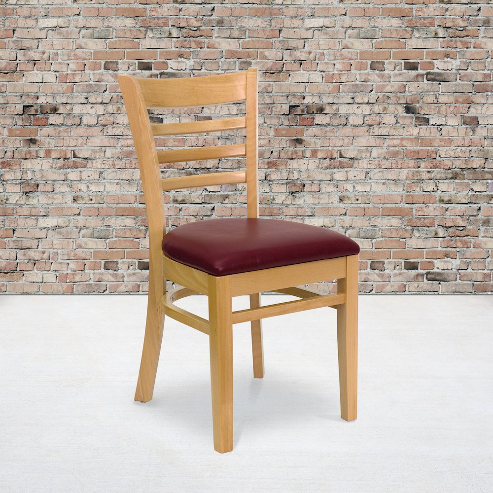 Ladder Back Natural Wood Restaurant Chair – Burgundy Vinyl Seat