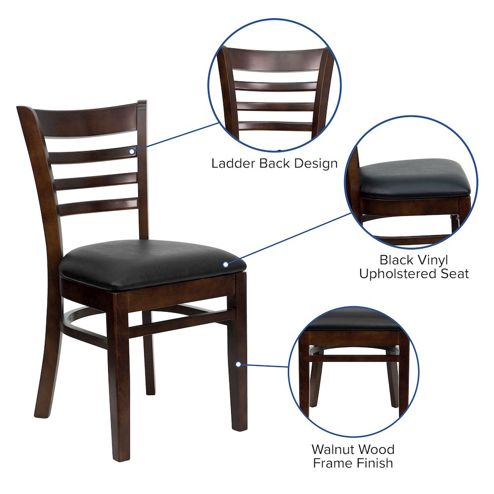Ladder Back Walnut Wood Restaurant Chair – Black Vinyl Seat