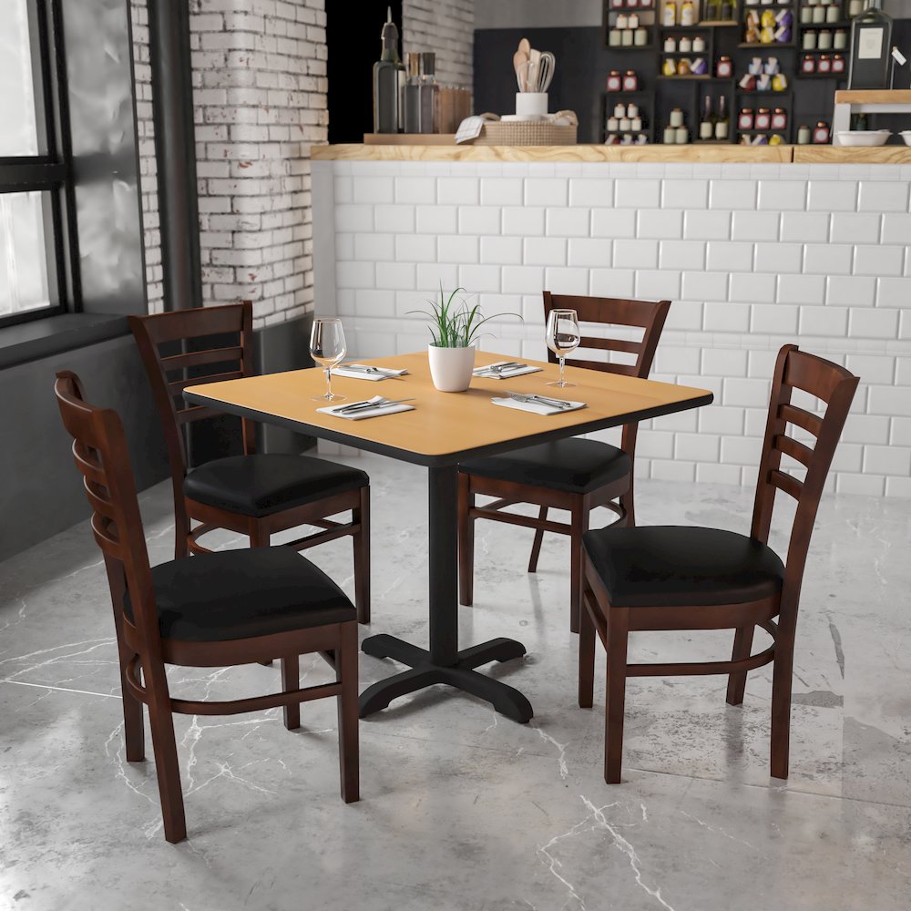 Ladder Back Walnut Wood Restaurant Chair – Black Vinyl Seat
