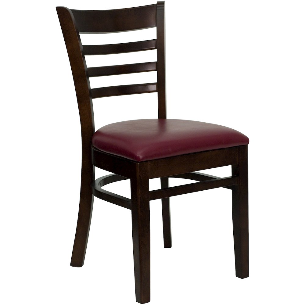 Ladder Back Walnut Wood Restaurant Chair – Burgundy Vinyl Seat