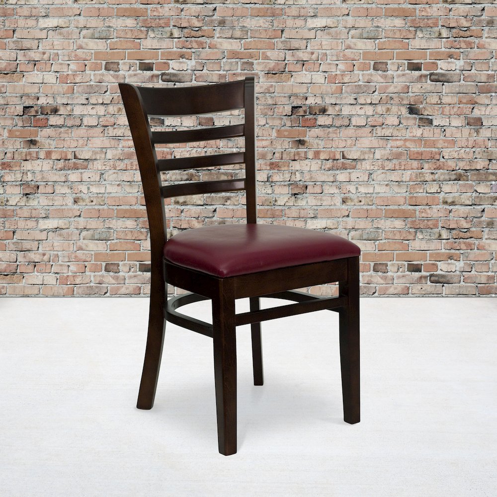 Ladder Back Walnut Wood Restaurant Chair – Burgundy Vinyl Seat