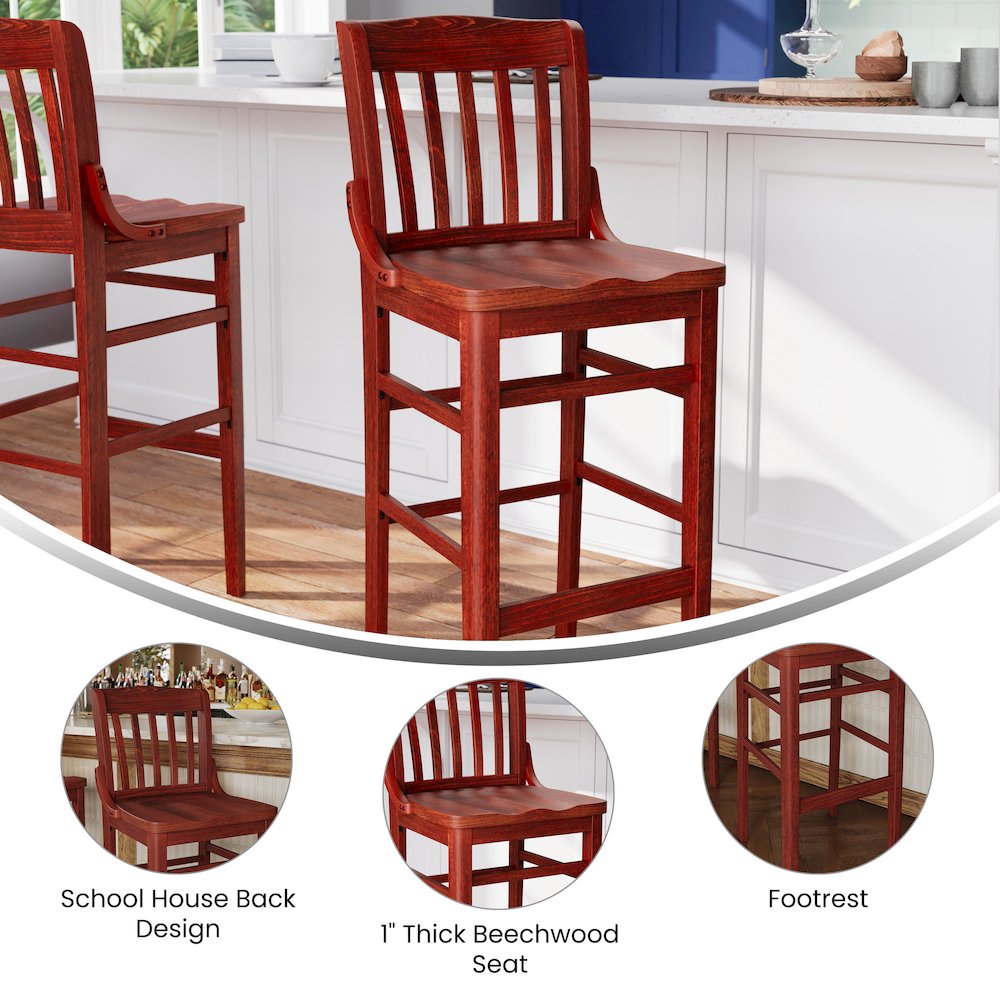 School House Back Mahogany Wood Restaurant Barstool