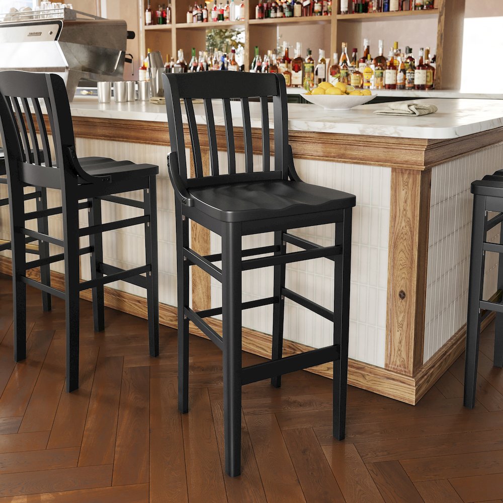 HERCULES School House Back Black Wood Restaurant Barstool