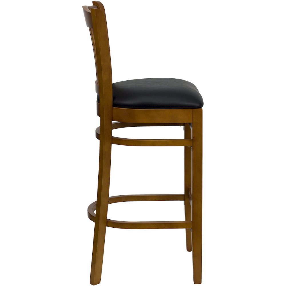 Vertical Slat Back Cherry Wood Restaurant Barstool – Black Vinyl Seat