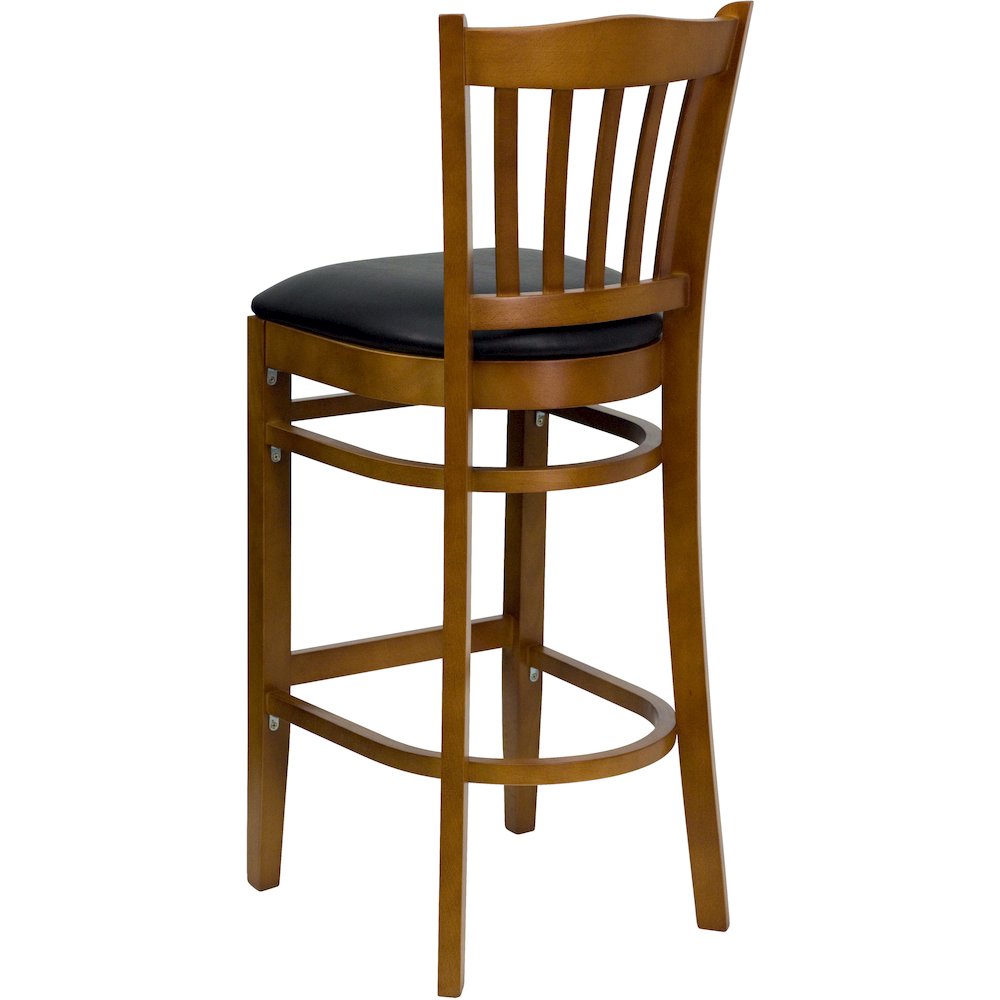 Vertical Slat Back Cherry Wood Restaurant Barstool – Black Vinyl Seat