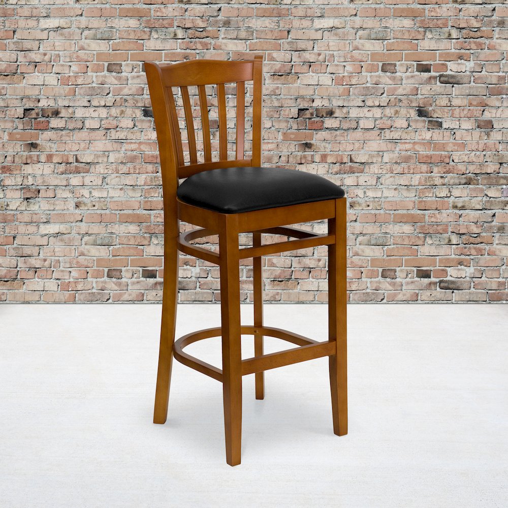 Vertical Slat Back Cherry Wood Restaurant Barstool – Black Vinyl Seat