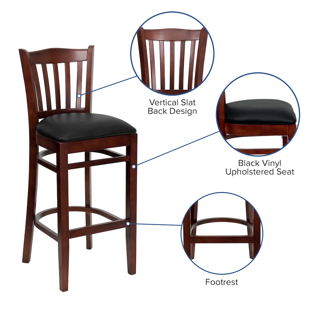Vertical Slat Back Mahogany Wood Restaurant Barstool – Black Vinyl Seat