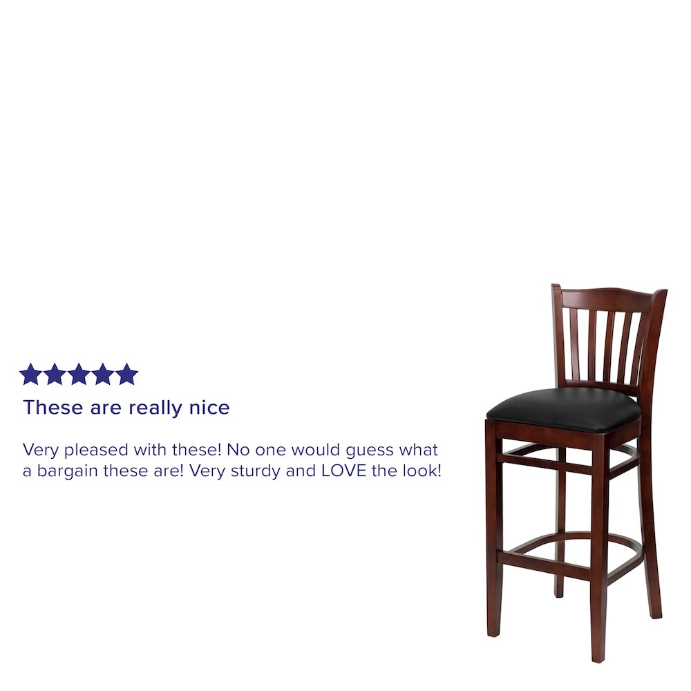 Vertical Slat Back Mahogany Wood Restaurant Barstool – Black Vinyl Seat