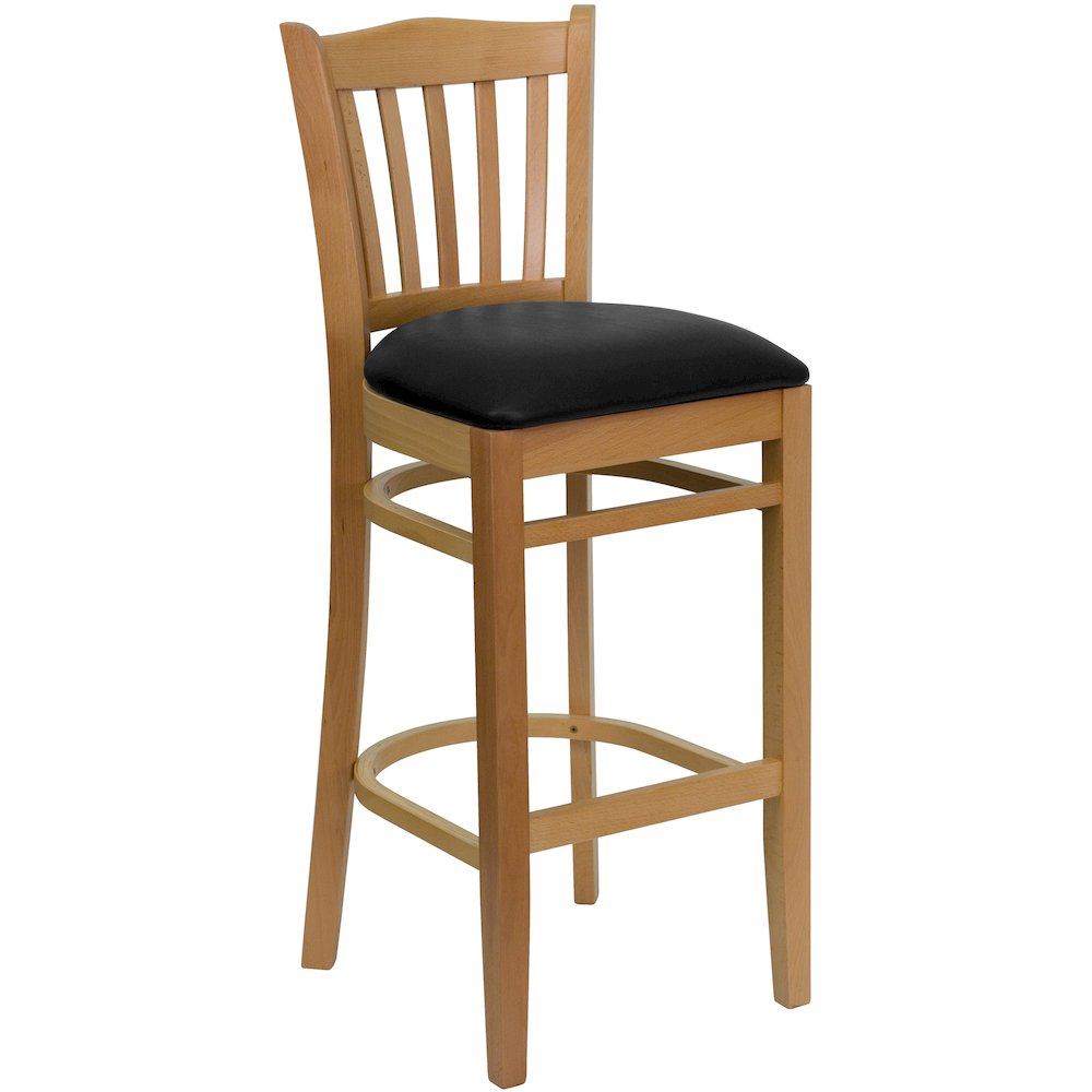 Vertical Slat Back Natural Wood Restaurant Barstool – Black Vinyl Seat