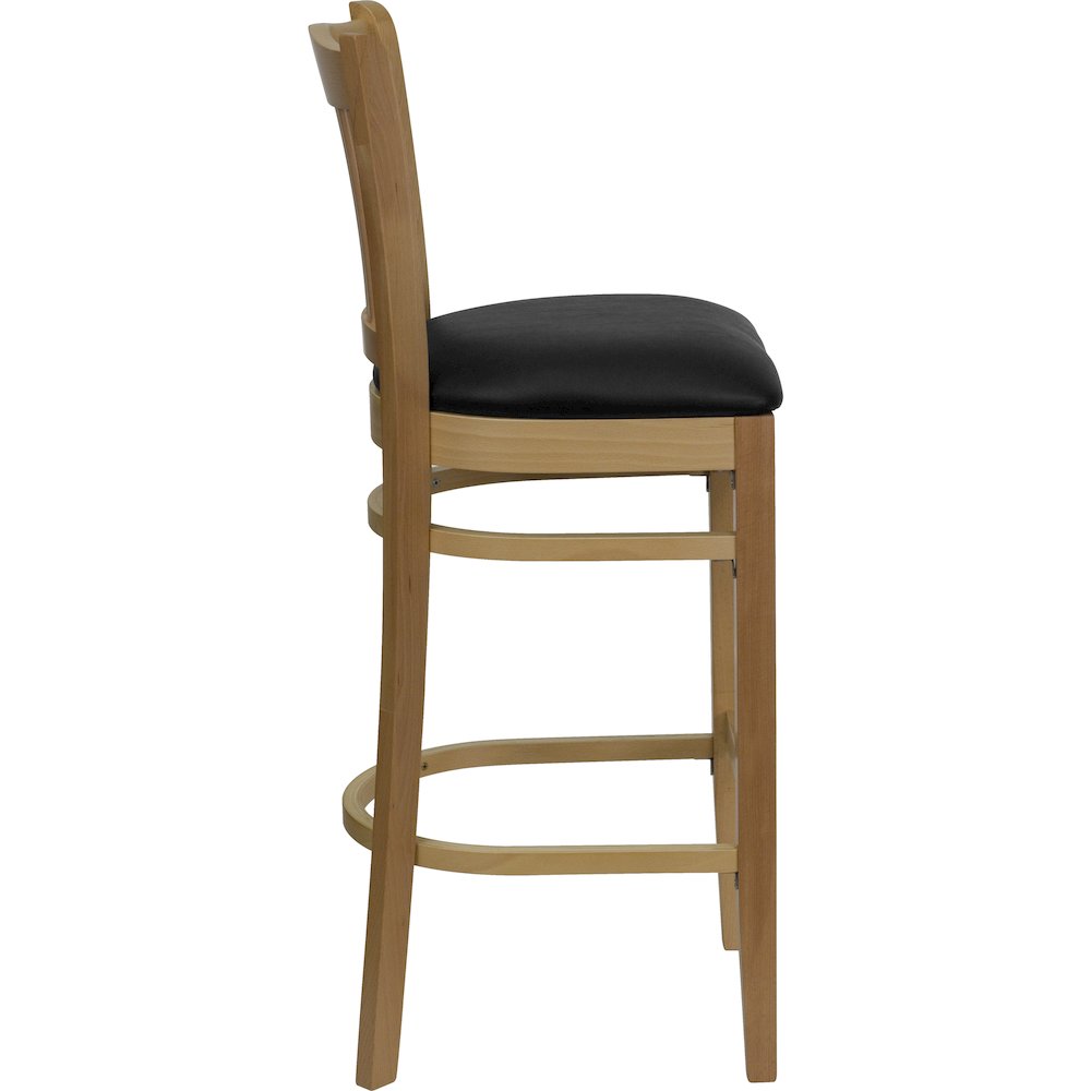 Vertical Slat Back Natural Wood Restaurant Barstool – Black Vinyl Seat