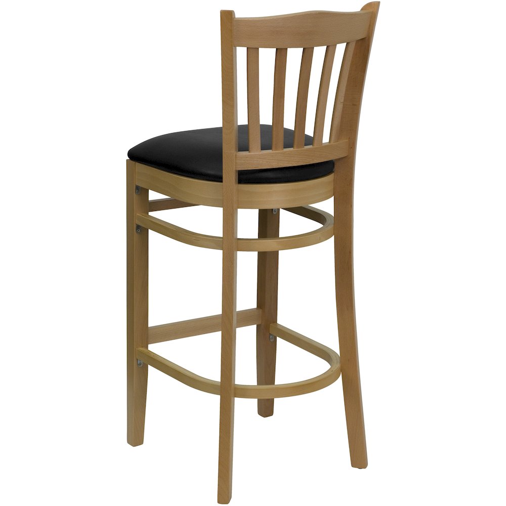 Vertical Slat Back Natural Wood Restaurant Barstool – Black Vinyl Seat