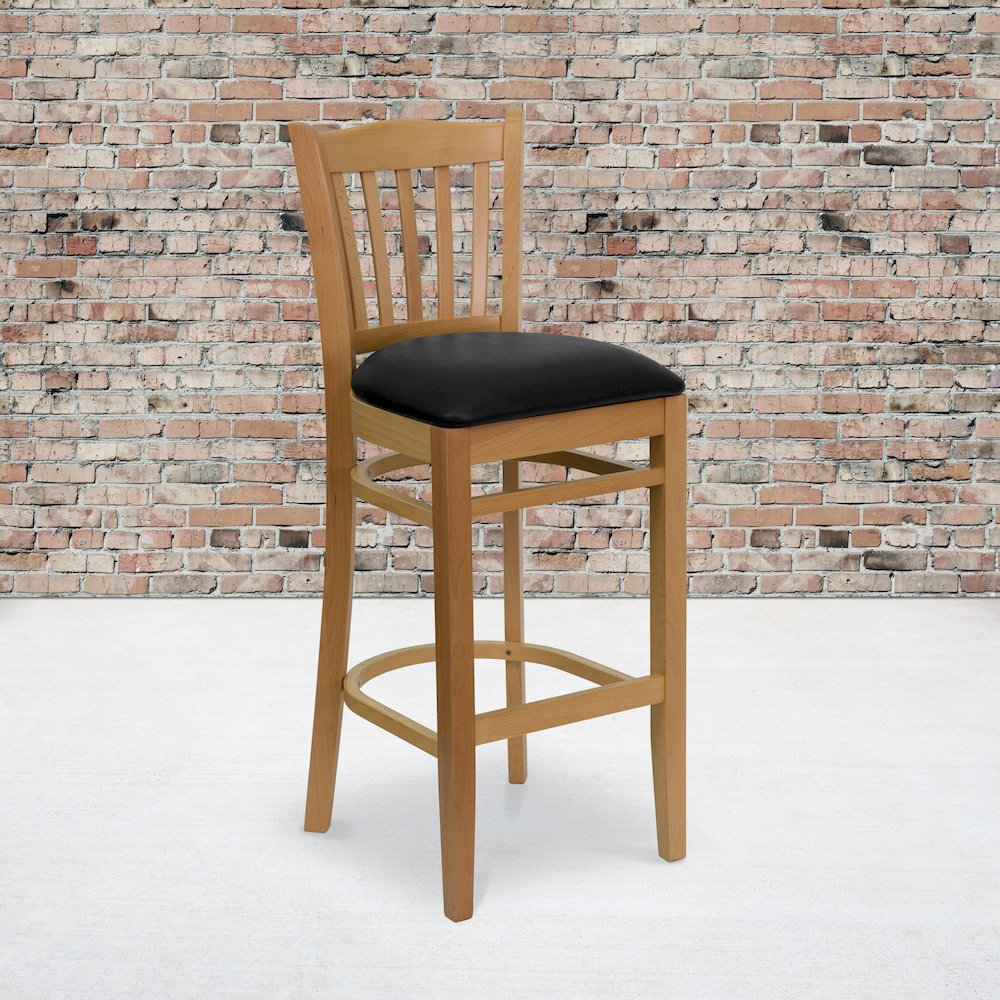 Vertical Slat Back Natural Wood Restaurant Barstool – Black Vinyl Seat