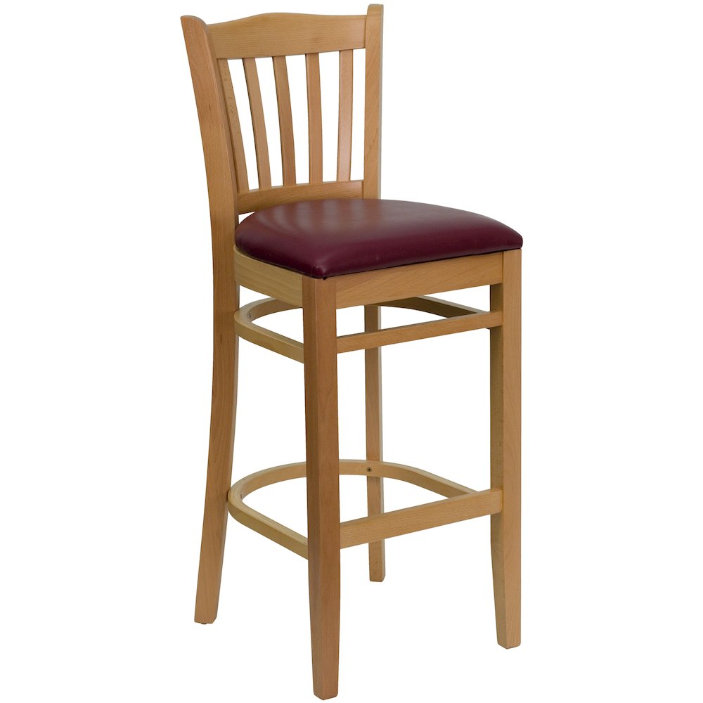 Vertical Slat Back Natural Wood Restaurant Barstool – Burgundy Vinyl Seat