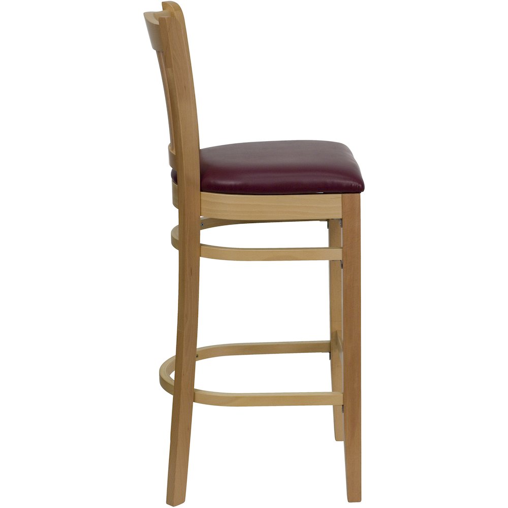 Vertical Slat Back Natural Wood Restaurant Barstool – Burgundy Vinyl Seat