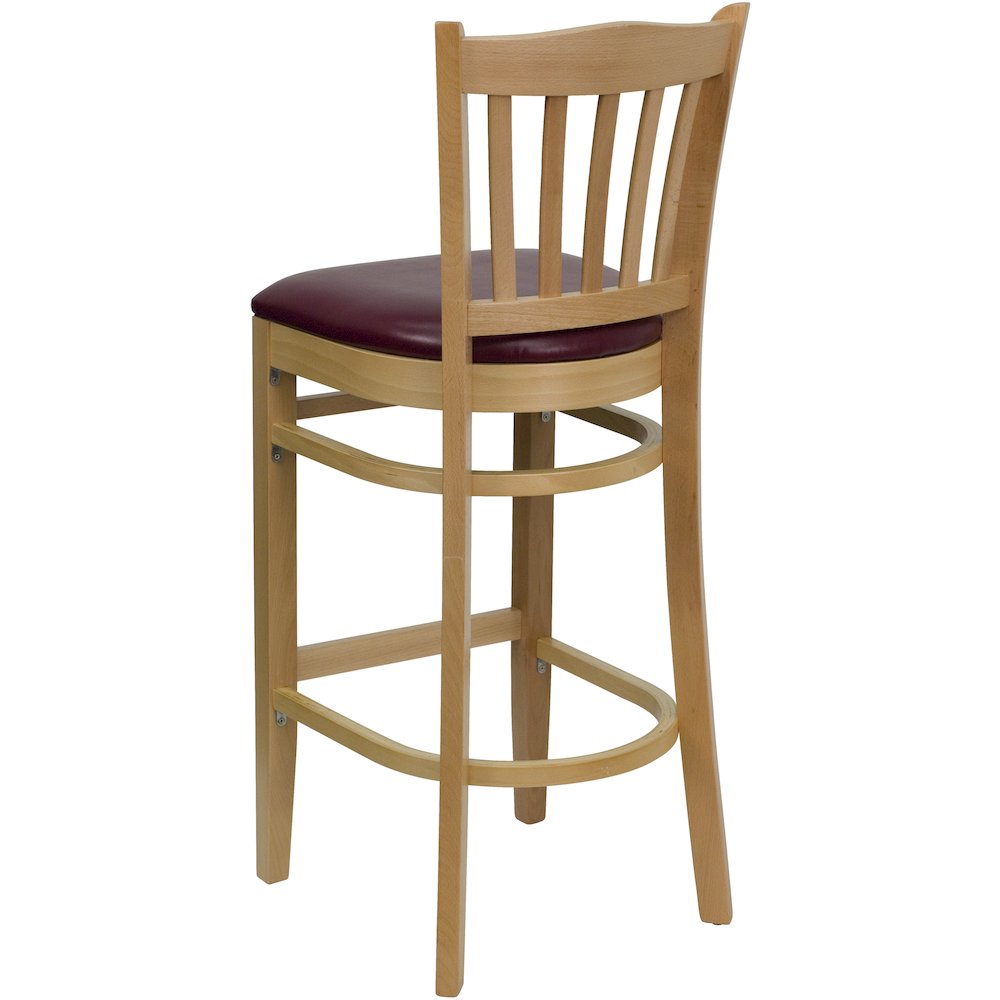 Vertical Slat Back Natural Wood Restaurant Barstool – Burgundy Vinyl Seat