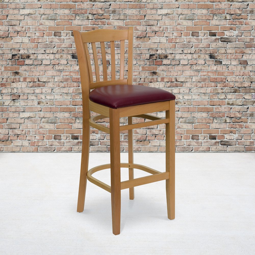 Vertical Slat Back Natural Wood Restaurant Barstool – Burgundy Vinyl Seat