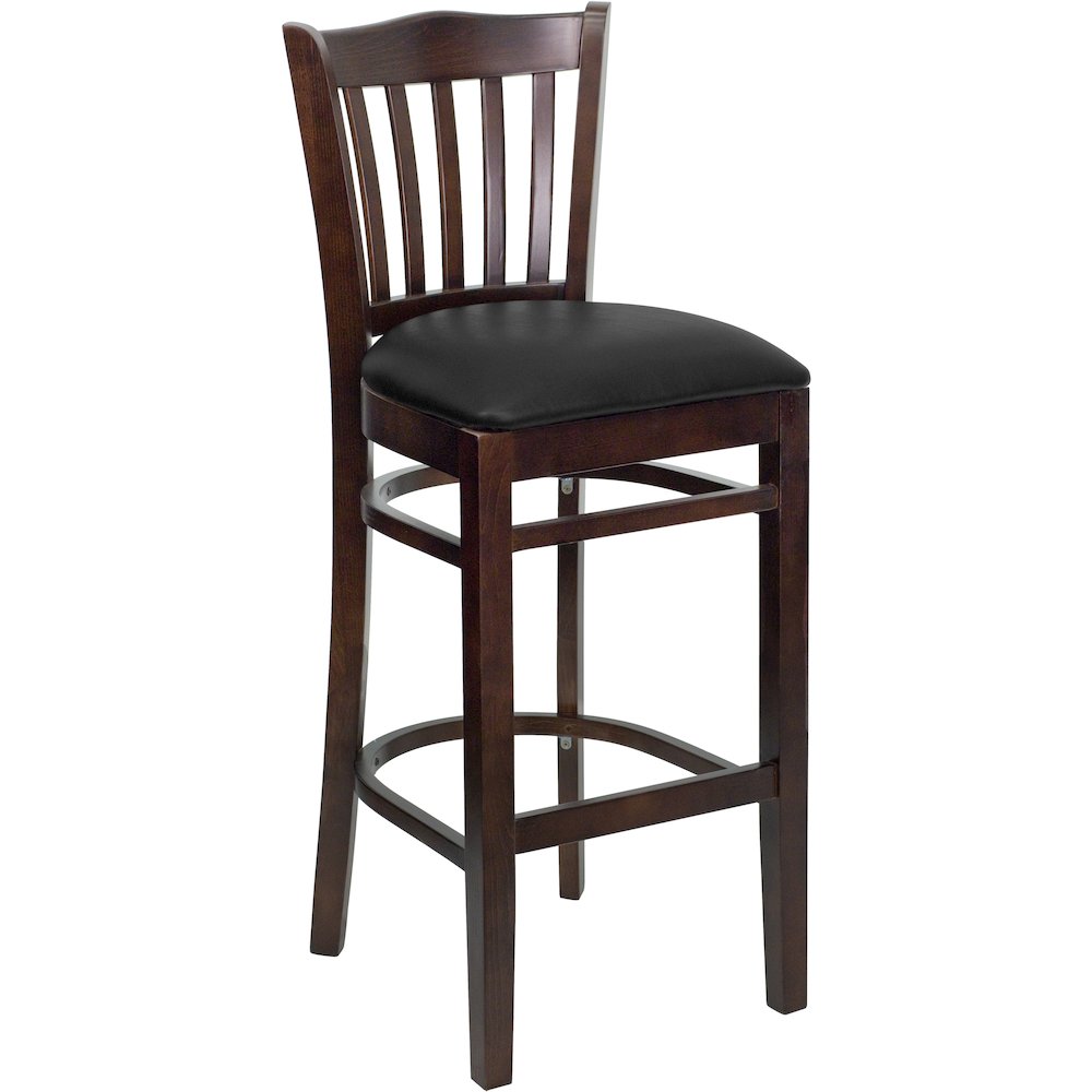 Vertical Slat Back Walnut Wood Restaurant Barstool – Black Vinyl Seat