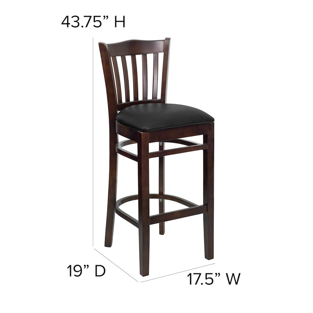 Vertical Slat Back Walnut Wood Restaurant Barstool – Black Vinyl Seat