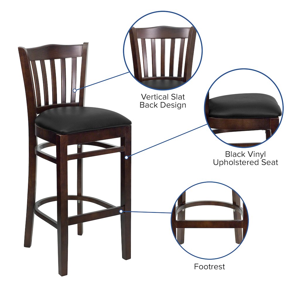 Vertical Slat Back Walnut Wood Restaurant Barstool – Black Vinyl Seat
