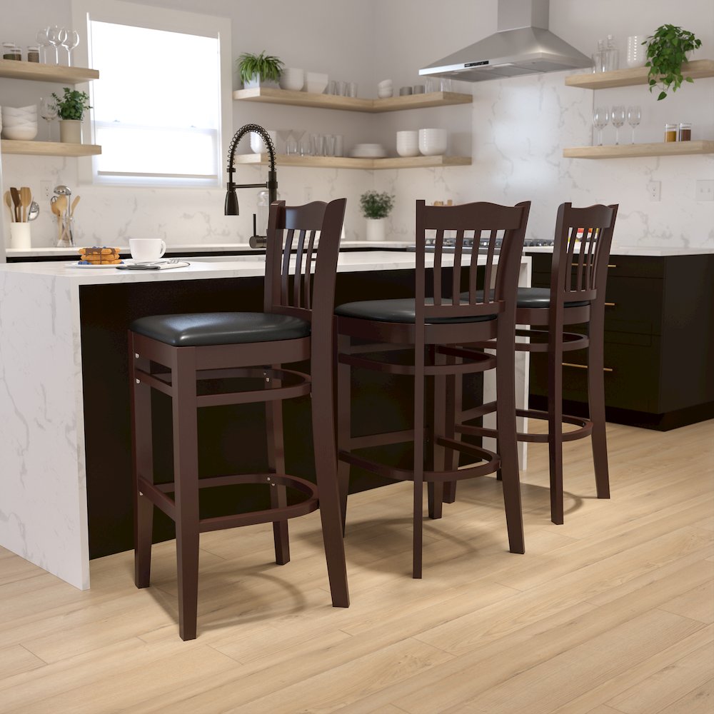 Vertical Slat Back Walnut Wood Restaurant Barstool – Black Vinyl Seat