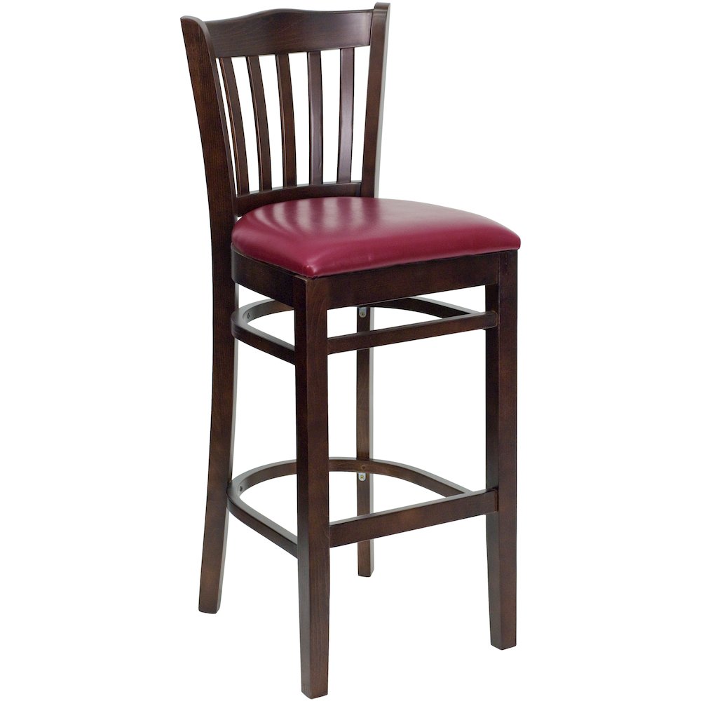 Vertical Slat Back Walnut Wood Restaurant Barstool – Burgundy Vinyl Seat