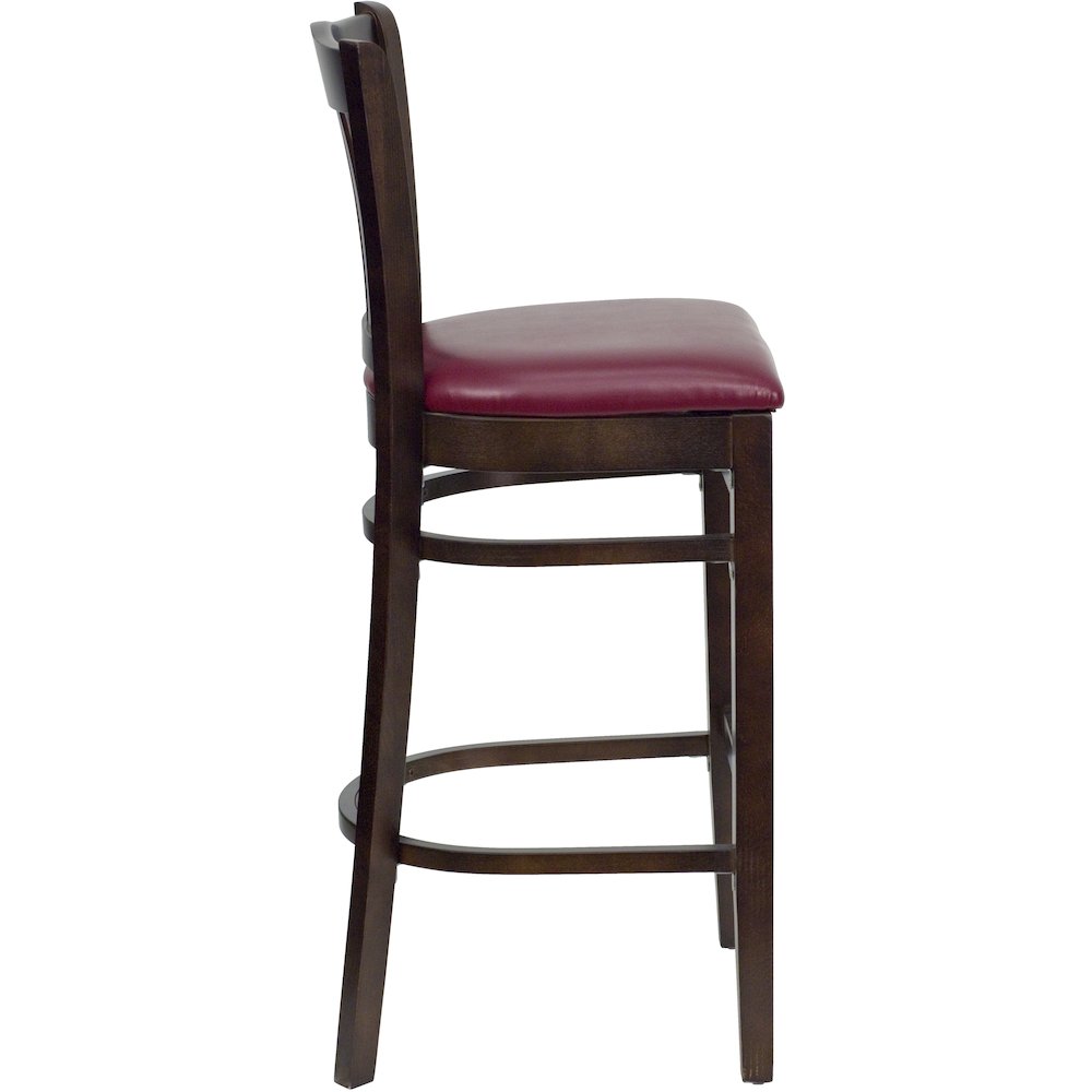 Vertical Slat Back Walnut Wood Restaurant Barstool – Burgundy Vinyl Seat