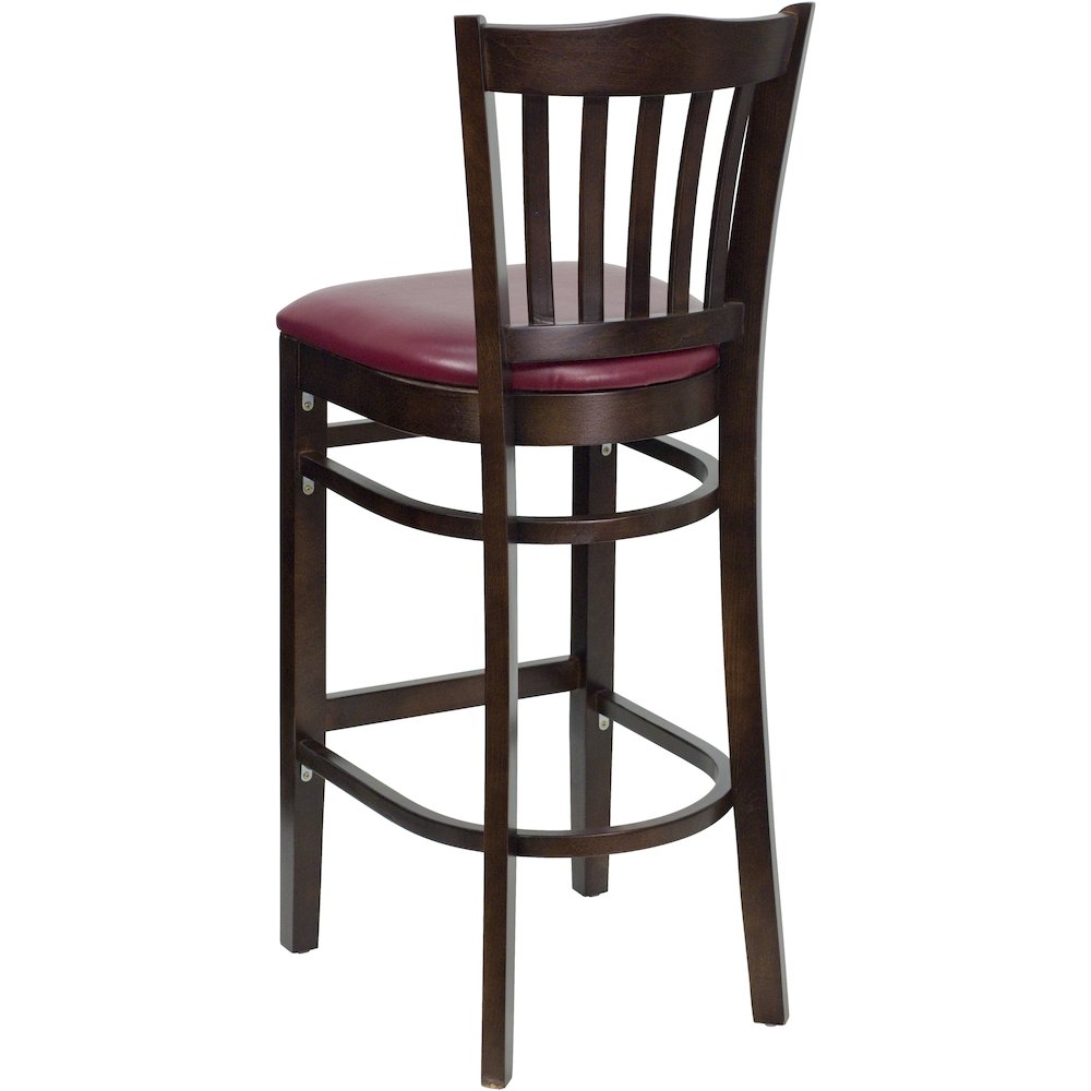 Vertical Slat Back Walnut Wood Restaurant Barstool – Burgundy Vinyl Seat