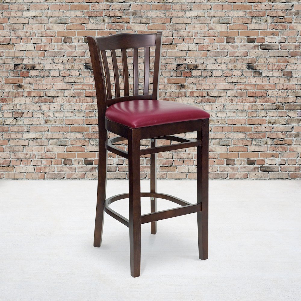 Vertical Slat Back Walnut Wood Restaurant Barstool – Burgundy Vinyl Seat