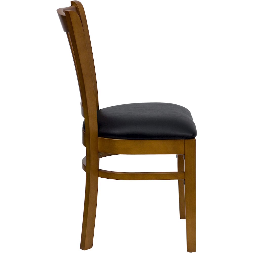 Vertical Slat Back Cherry Wood Restaurant Chair – Black Vinyl Seat