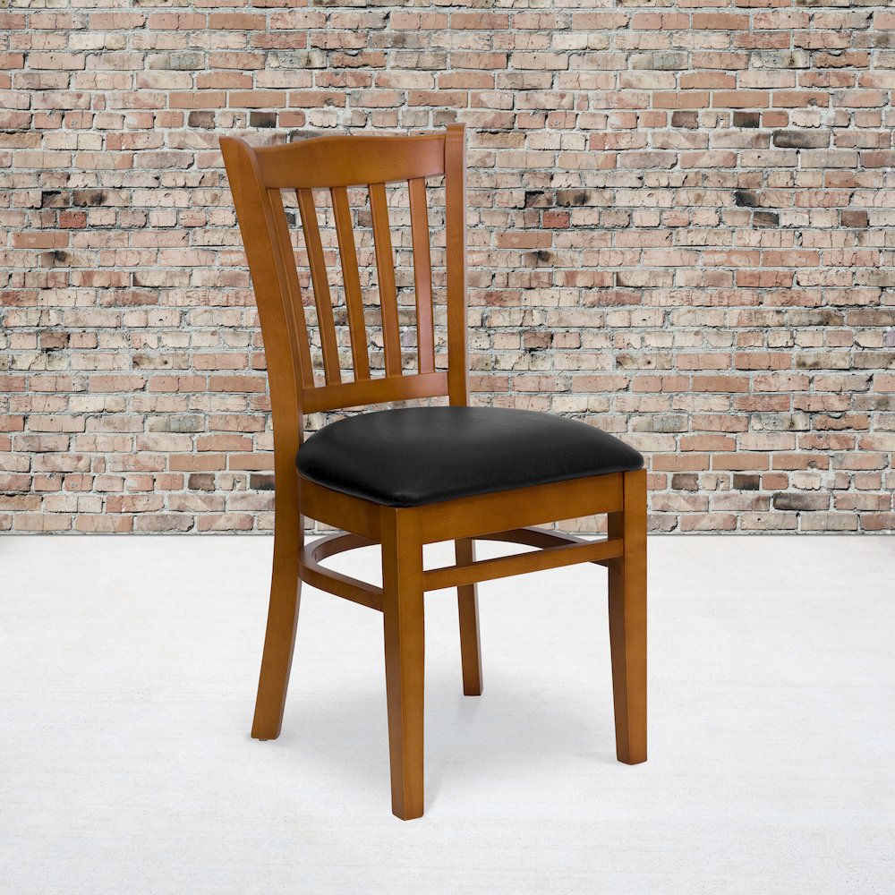 Vertical Slat Back Cherry Wood Restaurant Chair – Black Vinyl Seat
