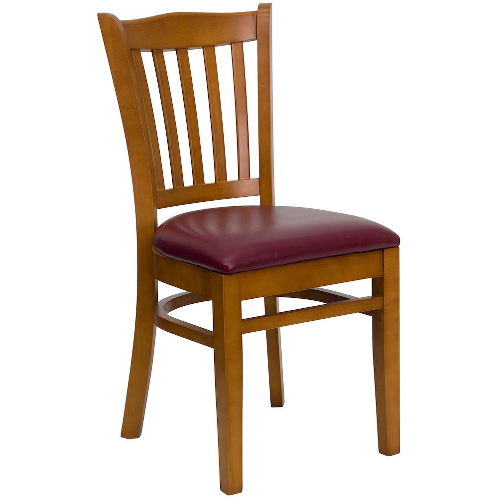 Vertical Slat Back Cherry Wood Restaurant Chair – Burgundy Vinyl Seat