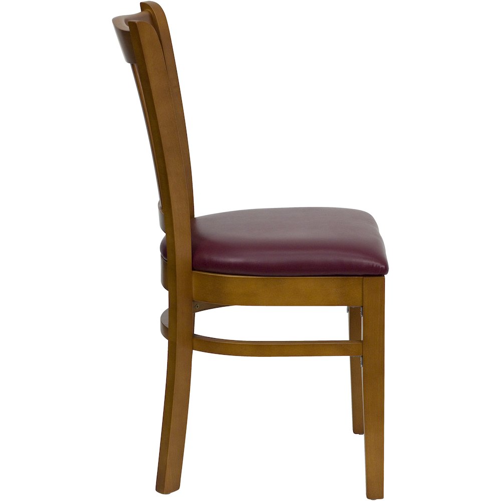 Vertical Slat Back Cherry Wood Restaurant Chair – Burgundy Vinyl Seat