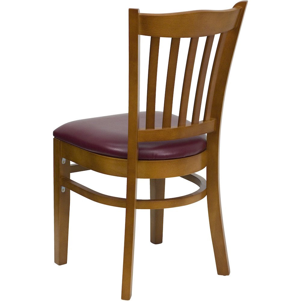 Vertical Slat Back Cherry Wood Restaurant Chair – Burgundy Vinyl Seat