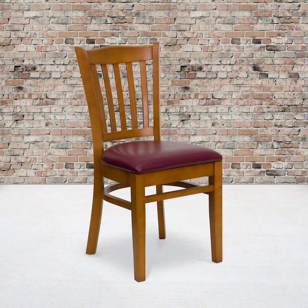 Vertical Slat Back Cherry Wood Restaurant Chair – Burgundy Vinyl Seat