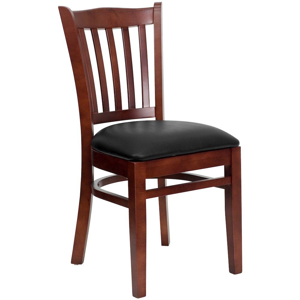 Vertical Slat Back Mahogany Wood Restaurant Chair – Black Vinyl Seat